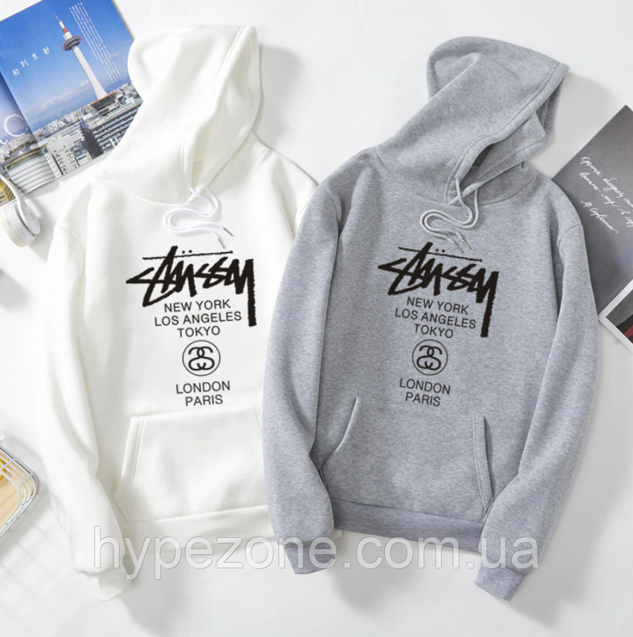 Худі Stussy Worldwide чорне, сіре, біле, рожеве з логотипом Стассі унісекс Кенгуру Літнє \ Зимове Стуссі