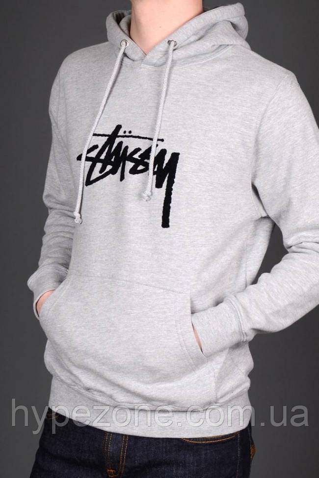 Кофта з капюшоном Stussy Чоловіча жіноча Кенгуру сіре з логотипом Стассі, унісекс, Худі трикотаж, Літнє \ Зимове