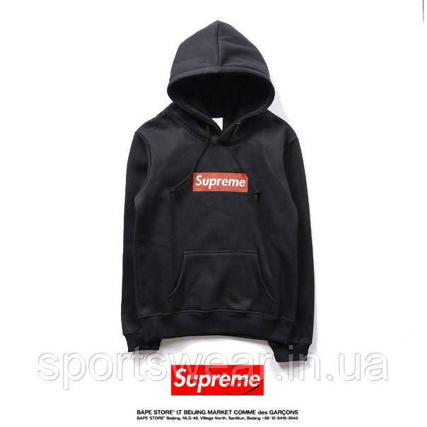 Худі Supreme чорне з червоним логотипом Світшот із капюшоном Супрем Кофта із принтом Сюприм Кенгуру трикотажне