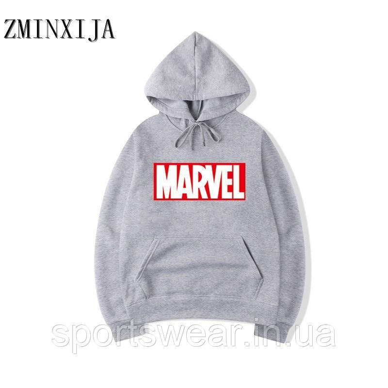 HOODIE MARVEL Марвел Кенгуру сіре чоловіче Толстовка з принтом Марвел Худі Марвел Кофта лого комікси супермен