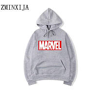 HOODIE MARVEL Марвел Кенгуру серое мужское Толстовка с принтом Марвел Худи Марвэл Кофта лого комиксы супермен