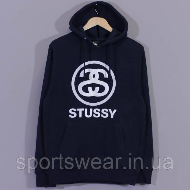 Худі Stussy темно-синя з білим логотипом, унісекс (чоловіче, жіноче, дитяче)
