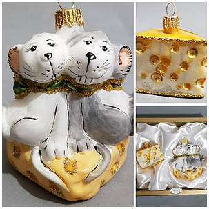 Набір Irena скляні іграшки на ялинку мишки на сирі ручна робота, фото 2