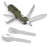 Туристичний мультитул, складаний набір ніж, ліхтарик 9в1 "MultiTravel" з чохлом (зелений)