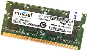 Оперативна пам'ять для ноутбука Crucial SODIMM DDR3L 8Gb 1600MHz 12800s CL11 (CT8G3S160BM.M16FP) Б/У