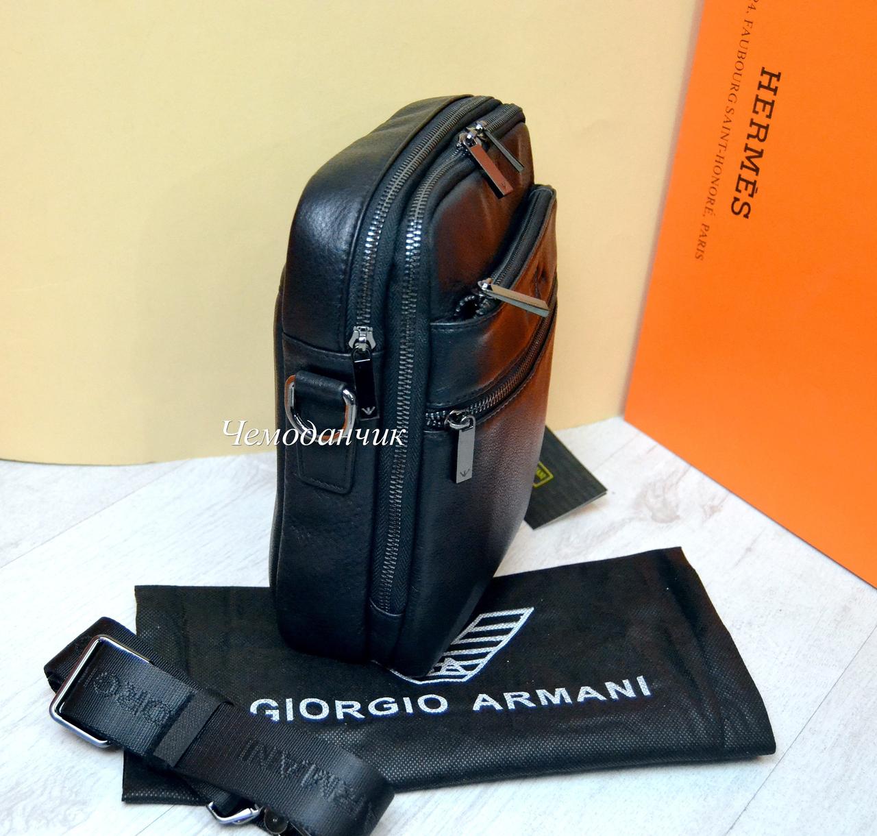 Кожаная мужская сумка Giorgio Armani Армани черная 7 - фото 2 - id-p1091640442