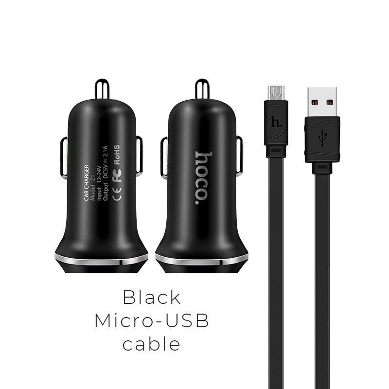 Автомобільний зарядний пристрій Hoco Z1 + USB-кабель MicroUSB (2.1A), Чорний