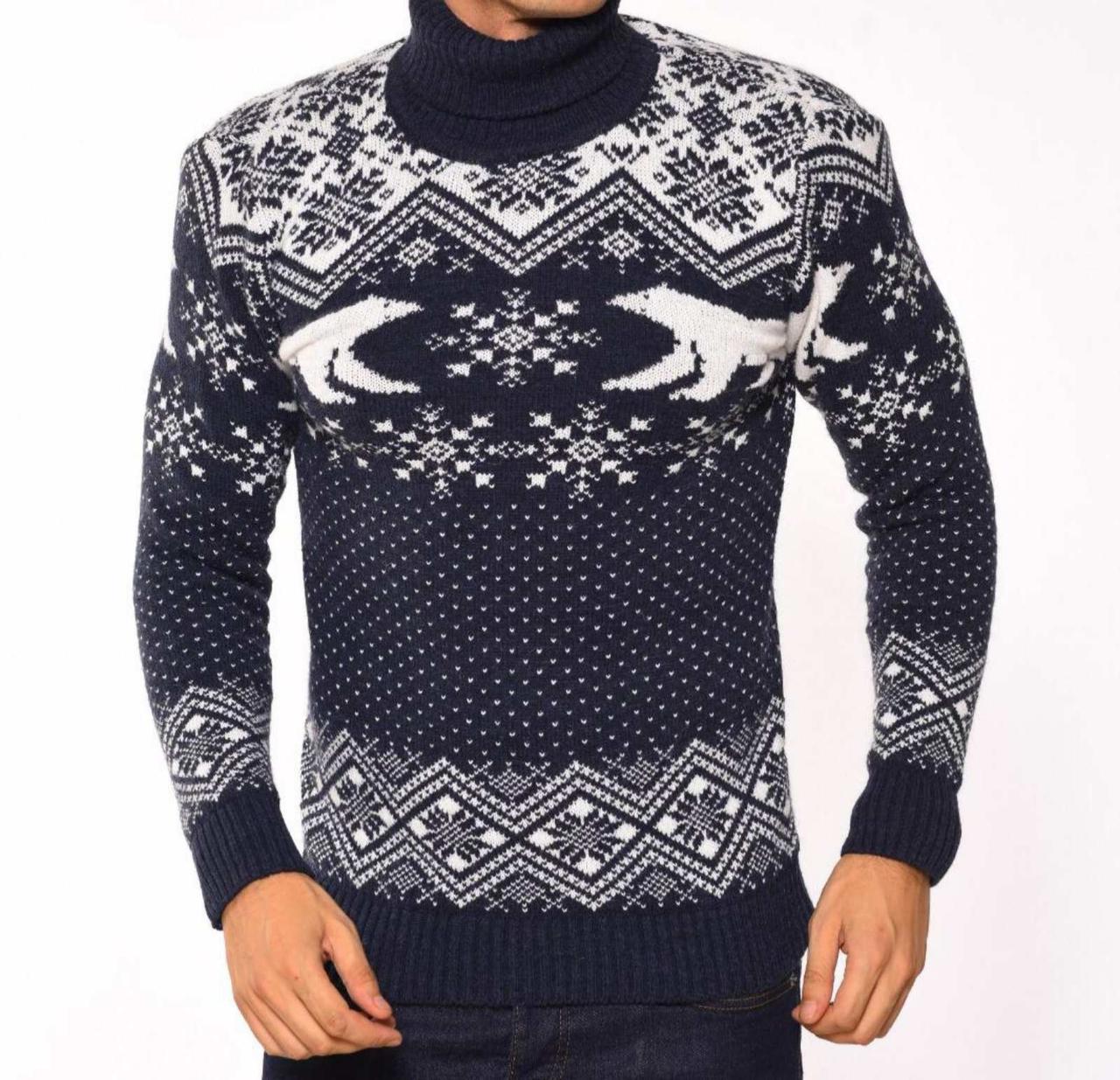 Молодіжний в'язаний светр з ведмедями розміри M,L,XL,XXL синій