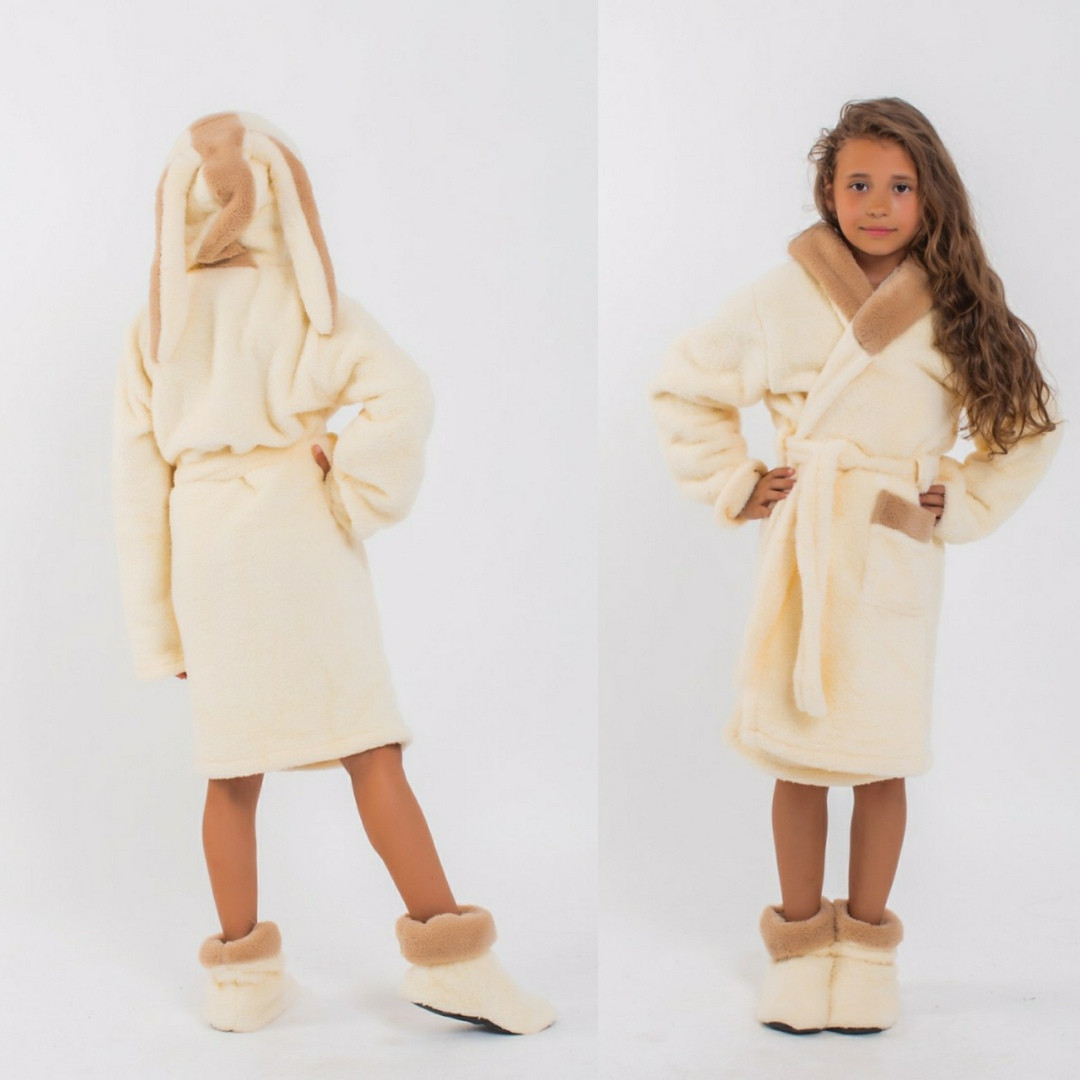 Затишний дитячий домашній яскравий неоновий махровий комплект: халат із вушками + чобітки для дому. Арт-4810