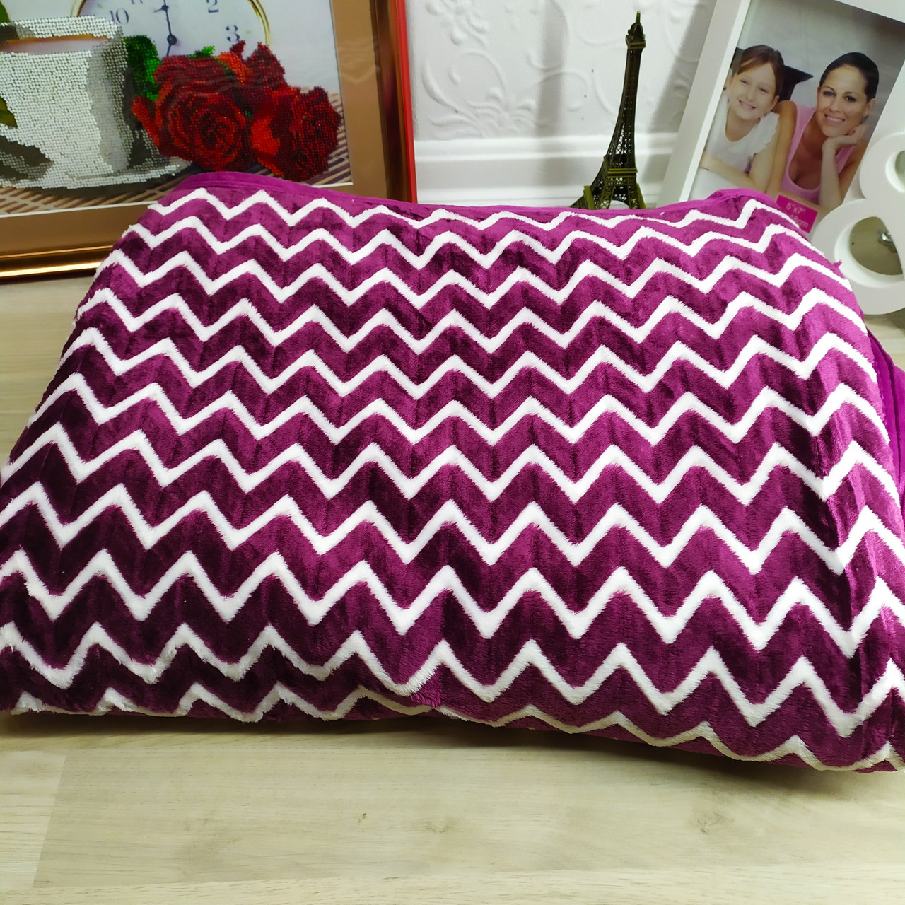 Велюрове покривало зиґзаґ фіолетовий євро розмір 220*240 см