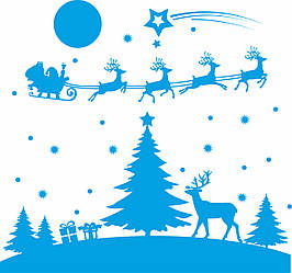 Новорічні наклейки Казкова ніч (новорічний декор ялинка олень санта та олені сніжинки сніг) матова 800х750мм