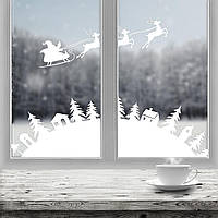 Декор для окон Наклейки Рождество (заснеженный лес олени санта новогодний декор) матовая Маленький набор