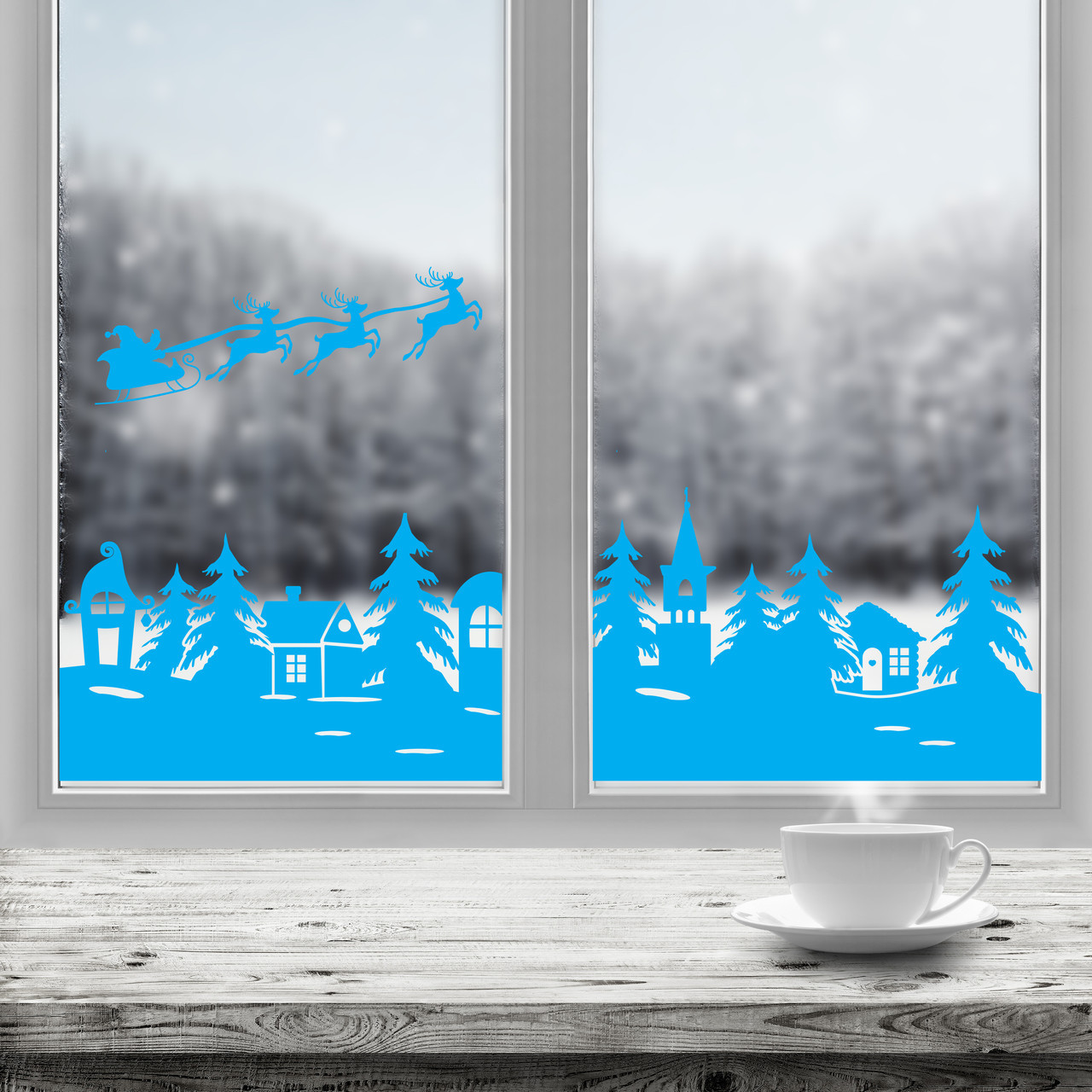Новорічні наклейки на вікна Лісова казка (будиночки ялинки сніг санта олені новий рік декор) матова 800х490 мм, фото 1