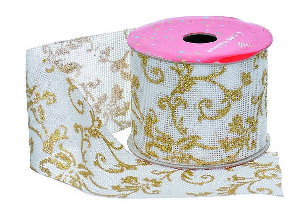 Стрічка декоративна з візерунком 2.7 м, текстиль, "Jumi", білий з золотими квітами, фото 1