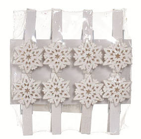 Прищіпки декоративні 8 шт "Сніжинка", пластик, білі, 4.5 см "Jumi"
