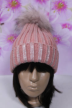 Тепла в'язана шапка рожева зі сріблом