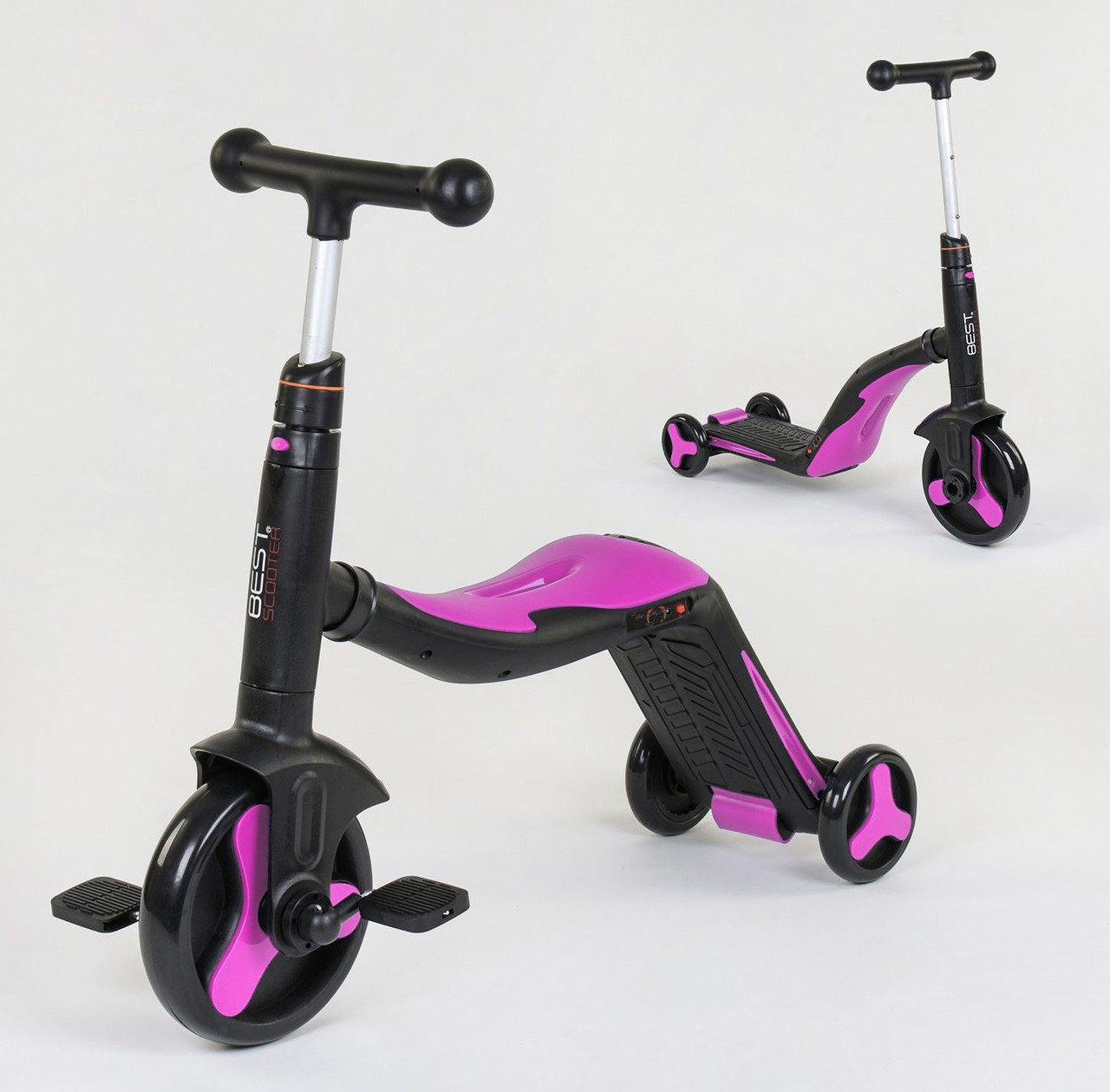 Самокат 3 в 1 Best Scooter, самокат-велосипед-біговел, з ПІДСВІТКОЮ, ЗВУКОМ ЗАМАСКА, МУЗИКОЮ, чорно-рожевий