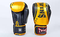 Перчатки боксерские кожаные на липучке TWINS (р-р 10-16 oz, черный-золотой)