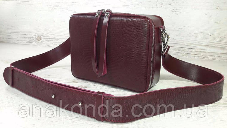 65-р Натуральна шкіра, Сумка жіноча крос-боді з широким ременем бордова, марсала Шкіряна сумка жіноча, фото 1