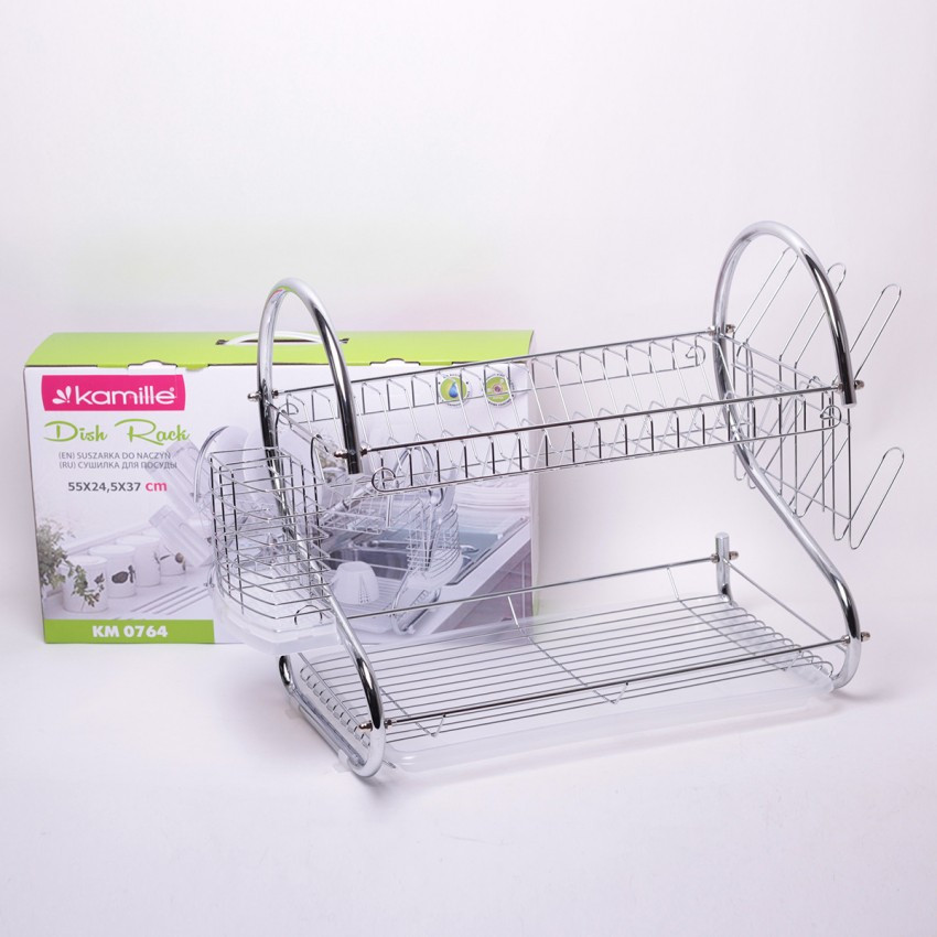 Сушарка для посуду 55 х 24,5 х 36 см Kamille КМ-0764 2-ярусна з хромованої сталі з піддоном, фото 1