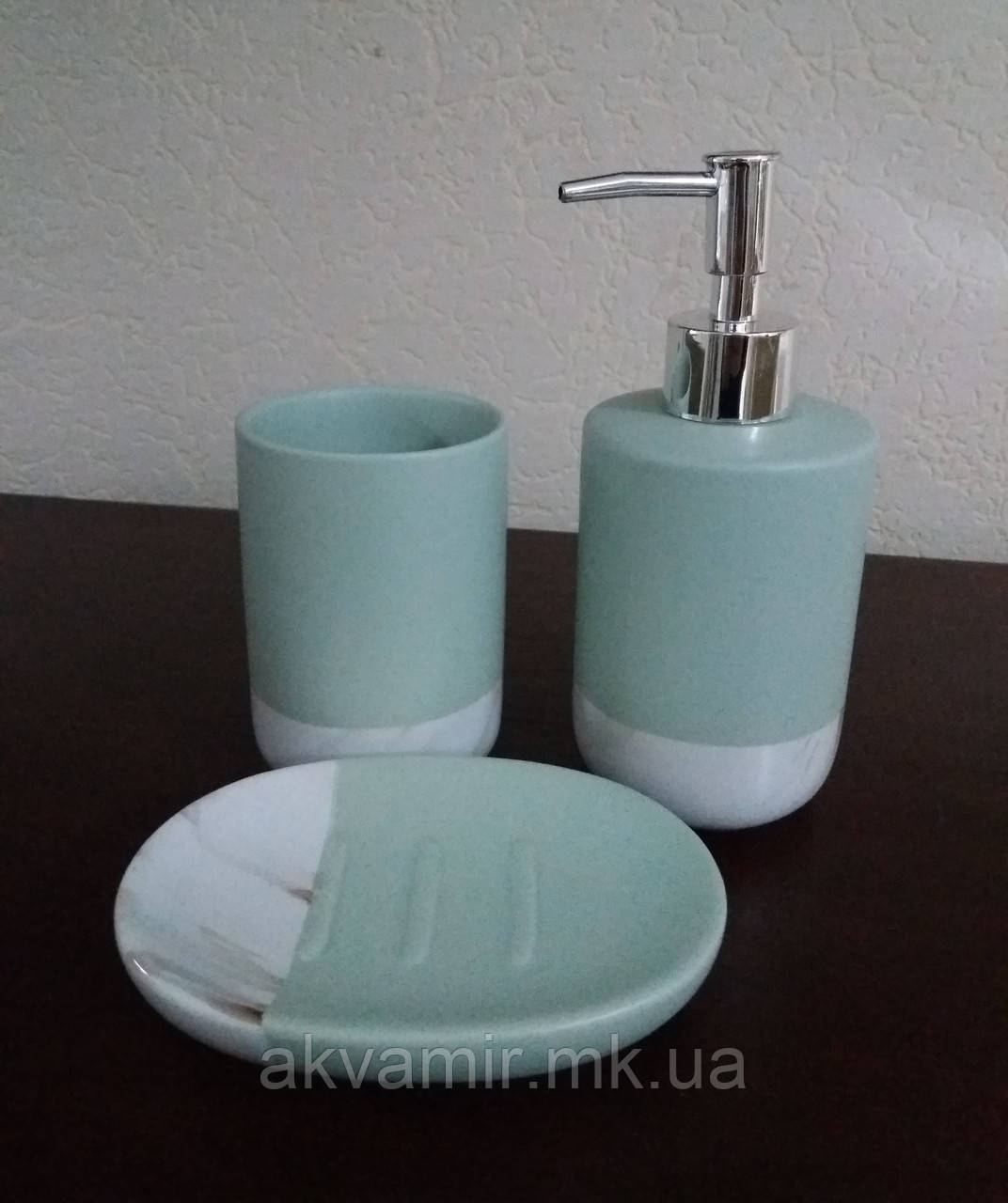 Набір для ванної (3 предмета): дозатор, стакан для зубних щіток, мильниця, м'ятний колір і білий мармур
