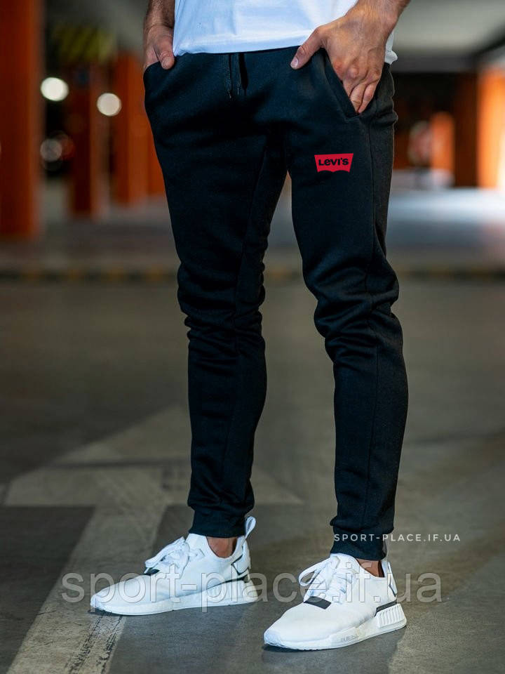 Теплі чоловічі спортивні штани Levis (Левіс) чорні (Зима) з начосом на манжетах джогери