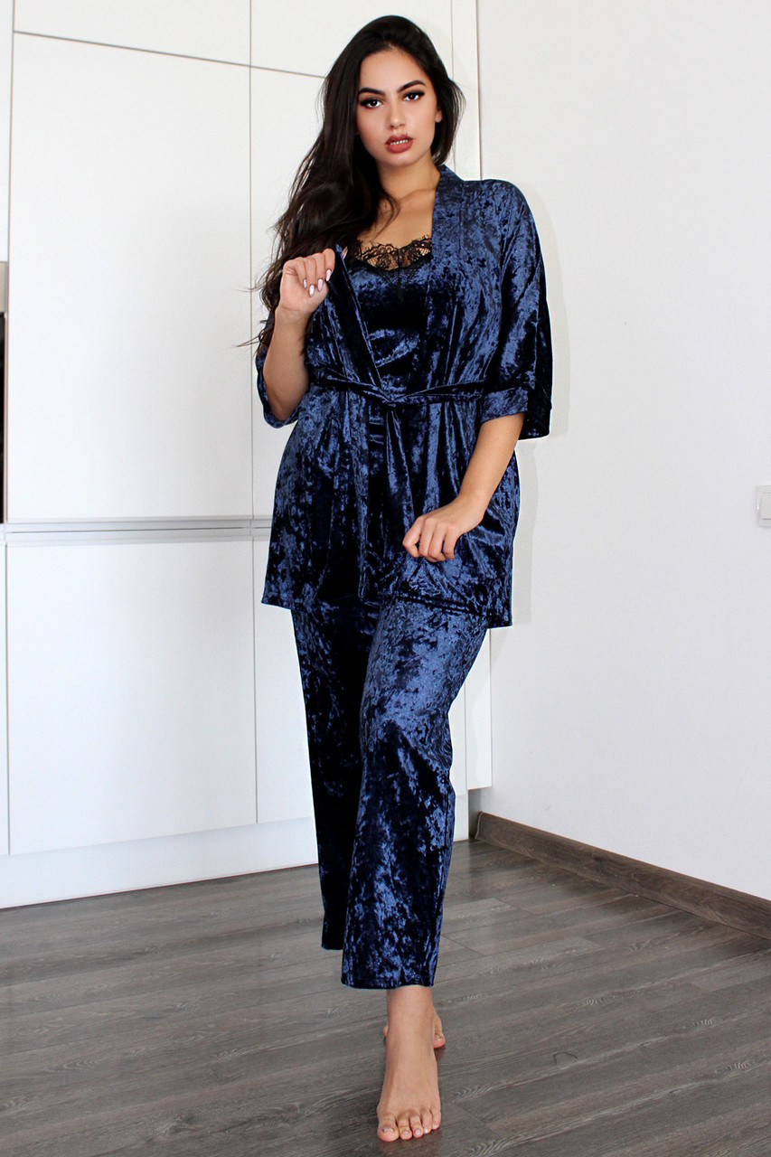 ВЕЛИКІ РОЗМІРИ!Домашня одяг, оксамитовий комплект халат, піжама( майка+штани), фото 1