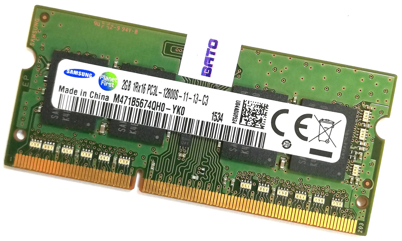 Оперативная память для ноутбука Samsung SODIMM DDR3L 2Gb 1600MHz 12800s 1R16 CL11 (M471B5674QH0-YK0) Б/У