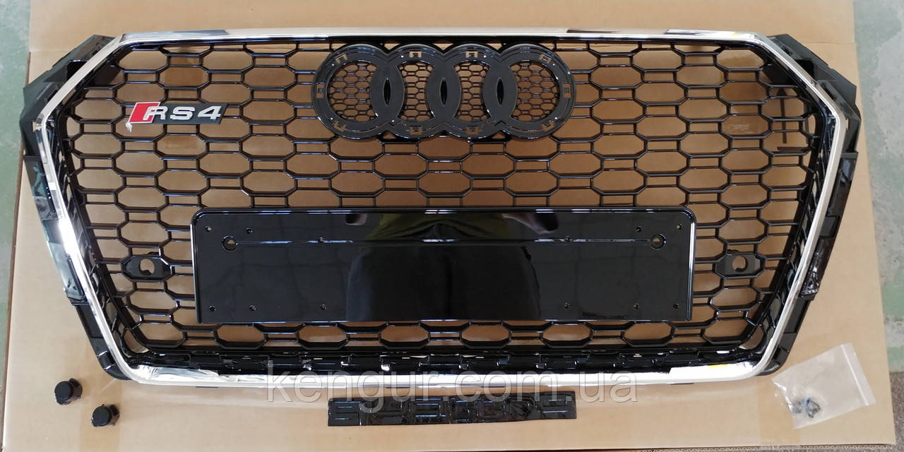 Решітка радіатора, стиль RS4 (хром окантовка, чорна сітка, QUATTRO) Audi A4 2015-2019, фото 1