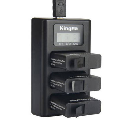 Зарядний пристрій для GoPro 5/GoPro 6 на три акумулятори з LCD-дисплеєм KingMa, фото 1