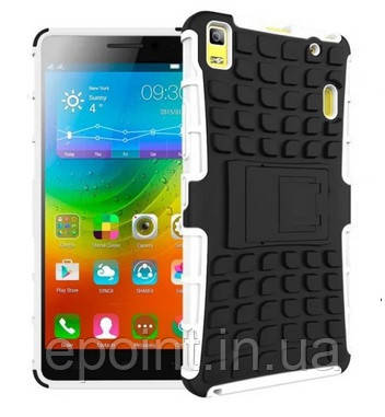 Чохол 2 в 1, бампер накладка для Lenovo A7000, основа біла, протектор/підставка пластик, чорного кольору