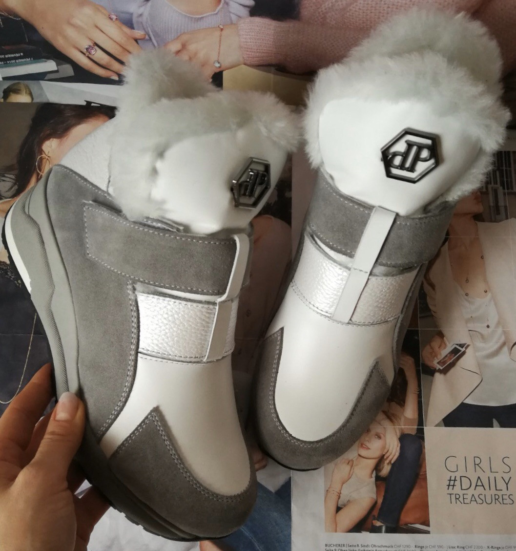 Philipp Plein зима Жіночі гарні черевики з хутром шкіра черевики Філіп плейн танкетка з липучками білі