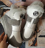 Philipp Plein зима Жіночі гарні черевики з хутром шкіра Філіп плейн танкетка з липучками білі