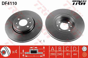 Передній гальмівний диск 280 мм на Рено Каптюр/TRW DF4110, фото 2