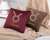 Сувенирная подушки с вышивкой Телец,подушка подарочная гороскоп в различных цветах бордовый