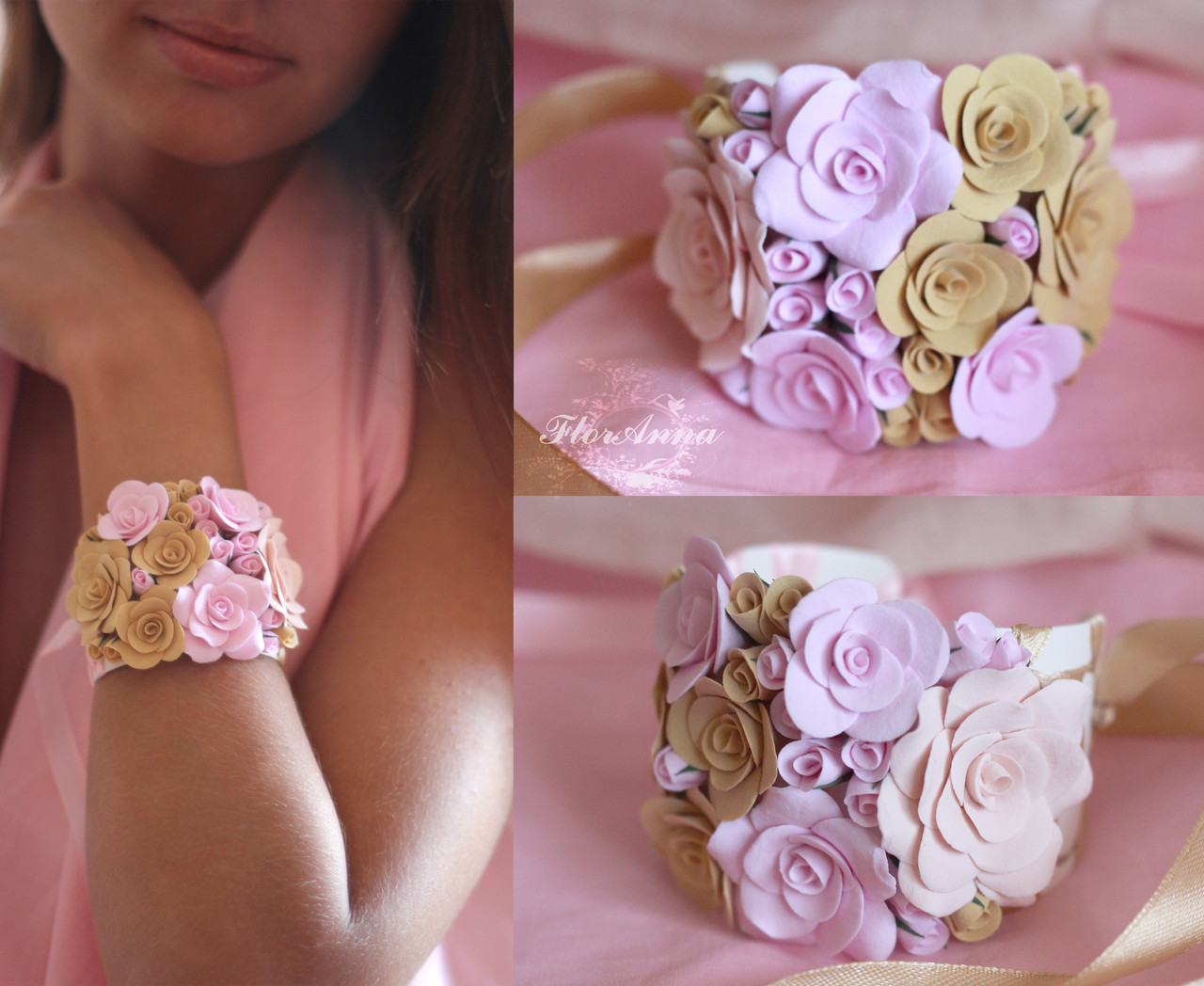 "Розовая ваниль" браслет с розами из полимерной глины - фото 1 - id-p129878945
