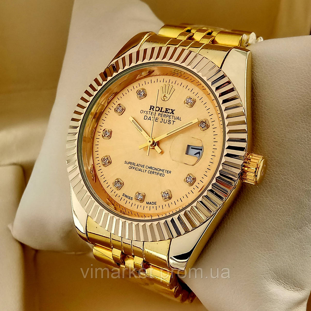 Кварцові наручні годинники Rolex Classic (Ролекс) на металевому браслеті золото, золотий циферблат з датою