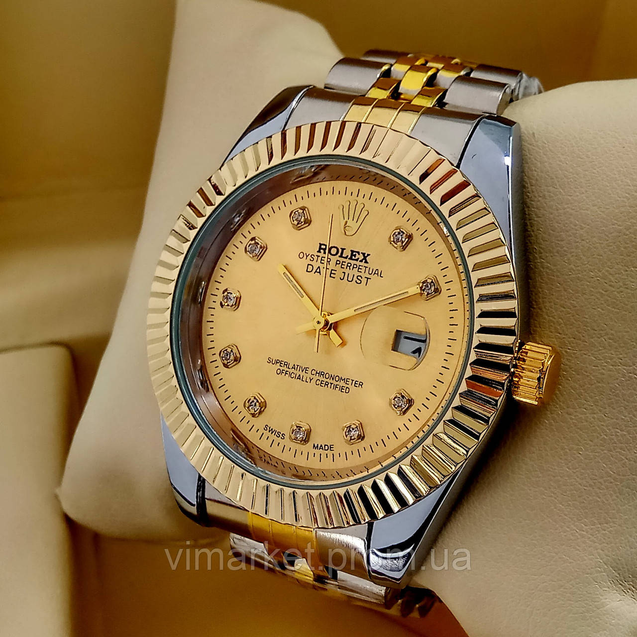 Кварцові наручні годинники Rolex Classic на металевому браслеті комбінований, золотий циферблат з датою