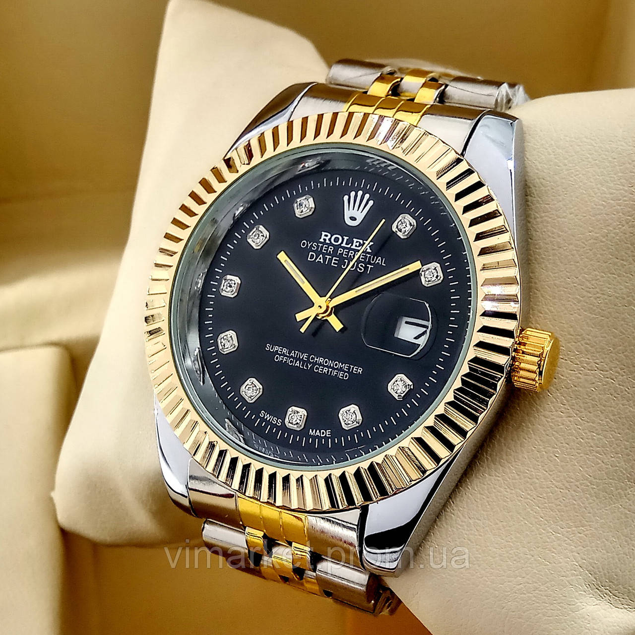 Кварцові наручні годинники Rolex Classic на металевому браслеті комбінований, чорний циферблат з датою