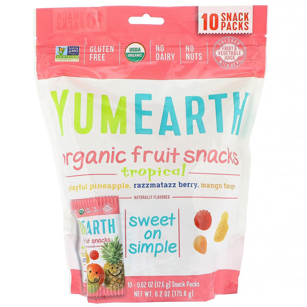 Органічні фруктові снеки, тропічні фрукти, 10 упаковок, 17,6 г в кожній YumEarth