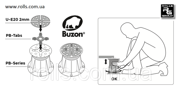 Монтаж терасових опор Buzon з розділовими хрестиками і вирівнюючої прокладкою для установки терасових плит