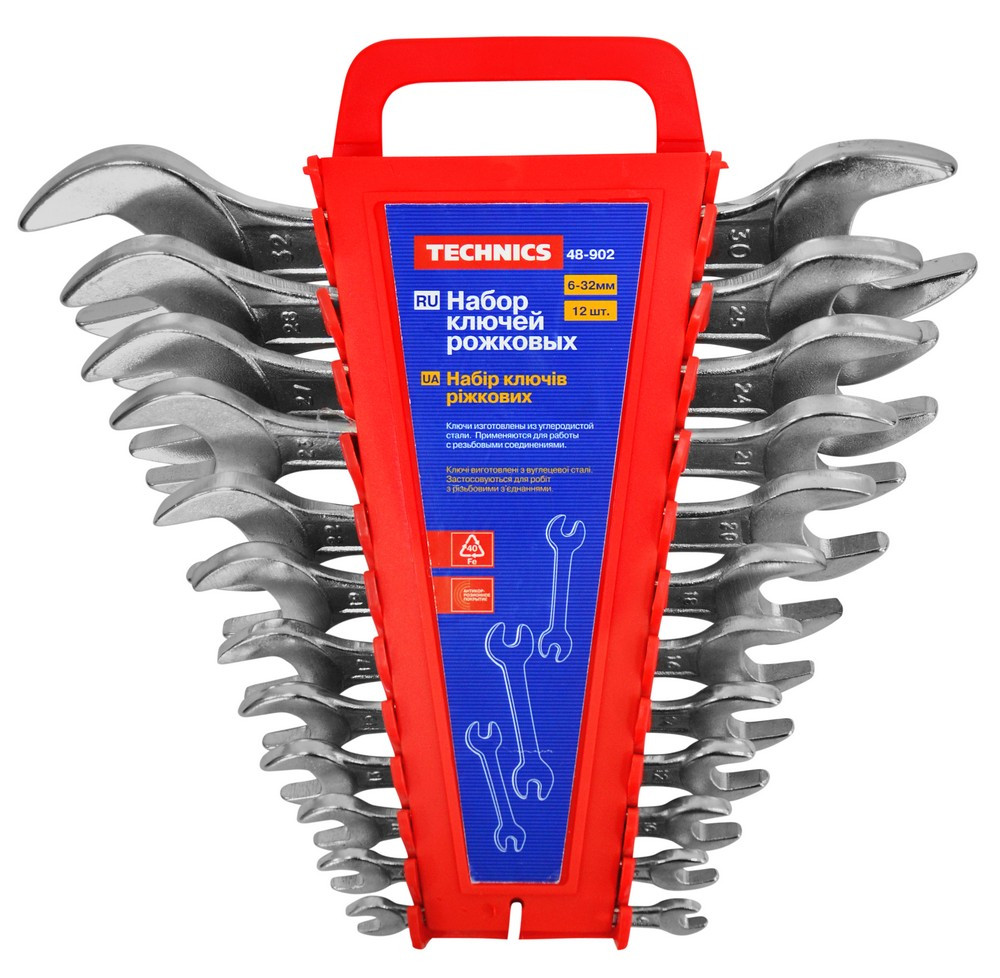 Набір ключів ріжкових двосторонніх Cr-V 12 шт. (6–32 мм) Technics 48-902 |набір інструментів Набор ключей рожковых двухсторонних, фото 1