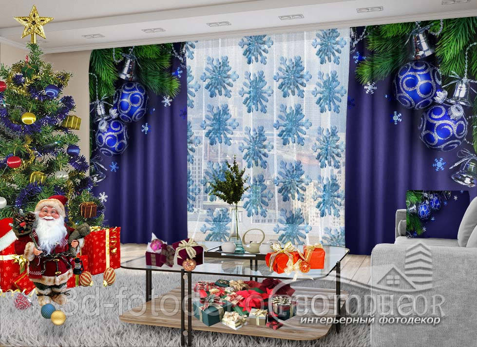 Новорічні Фото штори і тюль "Сині кулі і сніжинки" - будь-який розмір. Читаємо опис!, фото 1