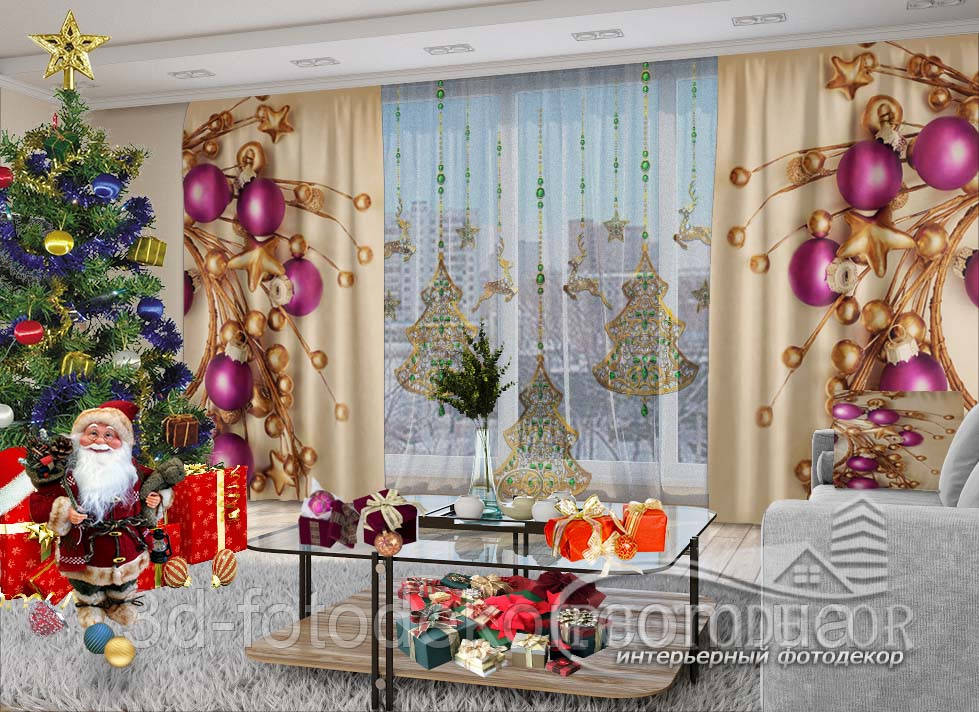 Новорічні Фото штори і тюль "Фіолетові кулі" - будь-який розмір. Читаємо опис!