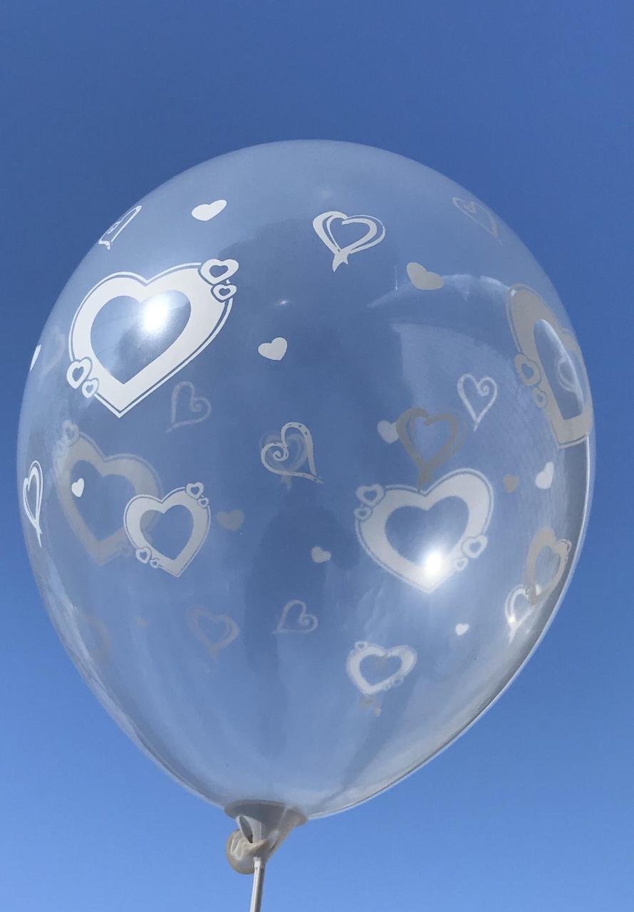 Кулі 12" Прозорі з мал. "Серця білі", 10 шт, 4 стор.