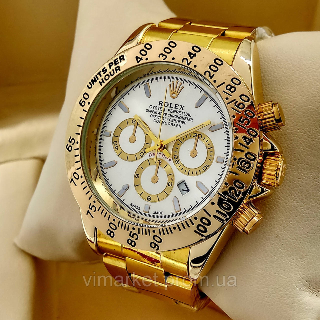 Кварцові наручні годинники Rolex Daytona (дайтона) на металевому браслеті золото, срібний циферблат з датою