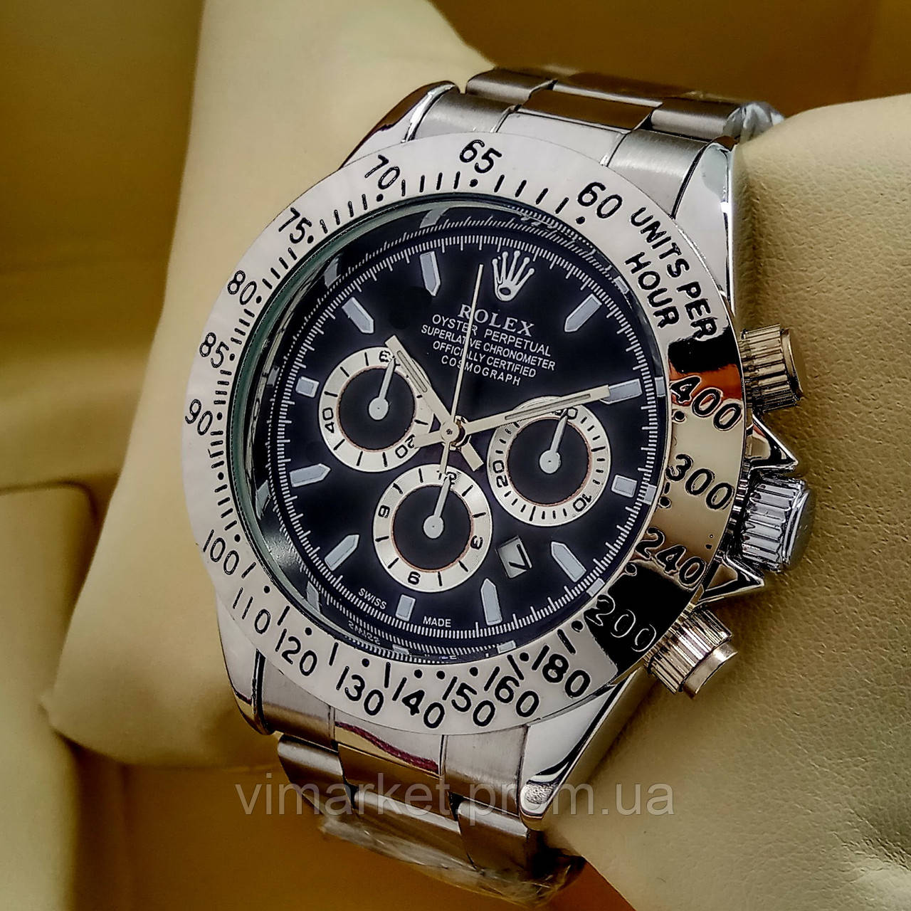 Кварцові наручні годинники Rolex Daytona на металевому браслеті срібло чорний циферблат з датою
