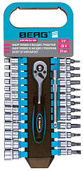 Набір головок та насадок з тріскачкою 1/4 (4–14мм) Cr-V 28шт Berg 52-105 |набір інструментів Набор головок и насадок с трещоткой