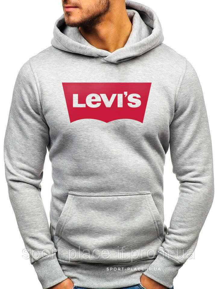 Чоловіча толстовка Levis (Левіс) світло сіра (велика емблема) кенгуру худі