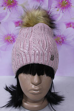 Шапка тепла з хутряним натуральним бубоном рожева зі сріблом